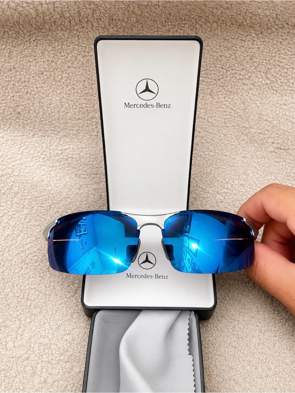 NEW Mercedes-Benz Blue Mirrored Rimless Sunglasses sold car.